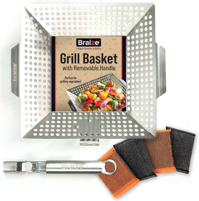 Braize Heavy-Duty Stainless Steel Grill Basket – 12"x13.75" Large BBQ Basket with Removable Handle – Durable Grilling Basket for Vegetables, Fish & Meat – Outdoor Cooking Accessory with 4 Bonus Scrub Sponges - Image 1